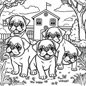 pug puppies happily playing in school yard 