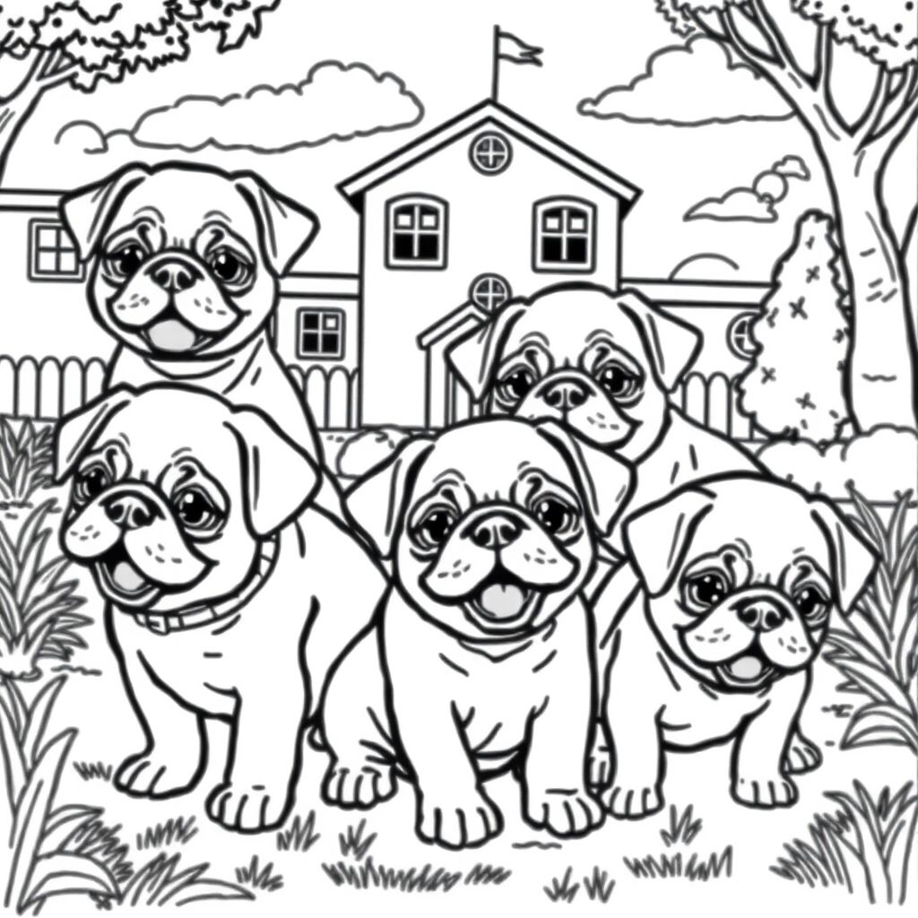 pug puppies playing happily in school yard