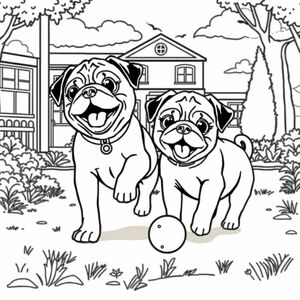 two pug puppies happily playing in schoolyard 