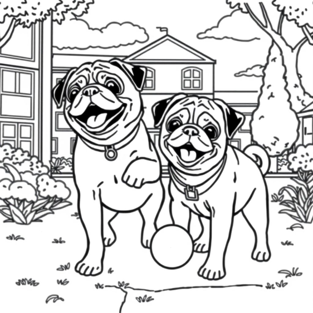 two pugs happily playing in schoolyard 