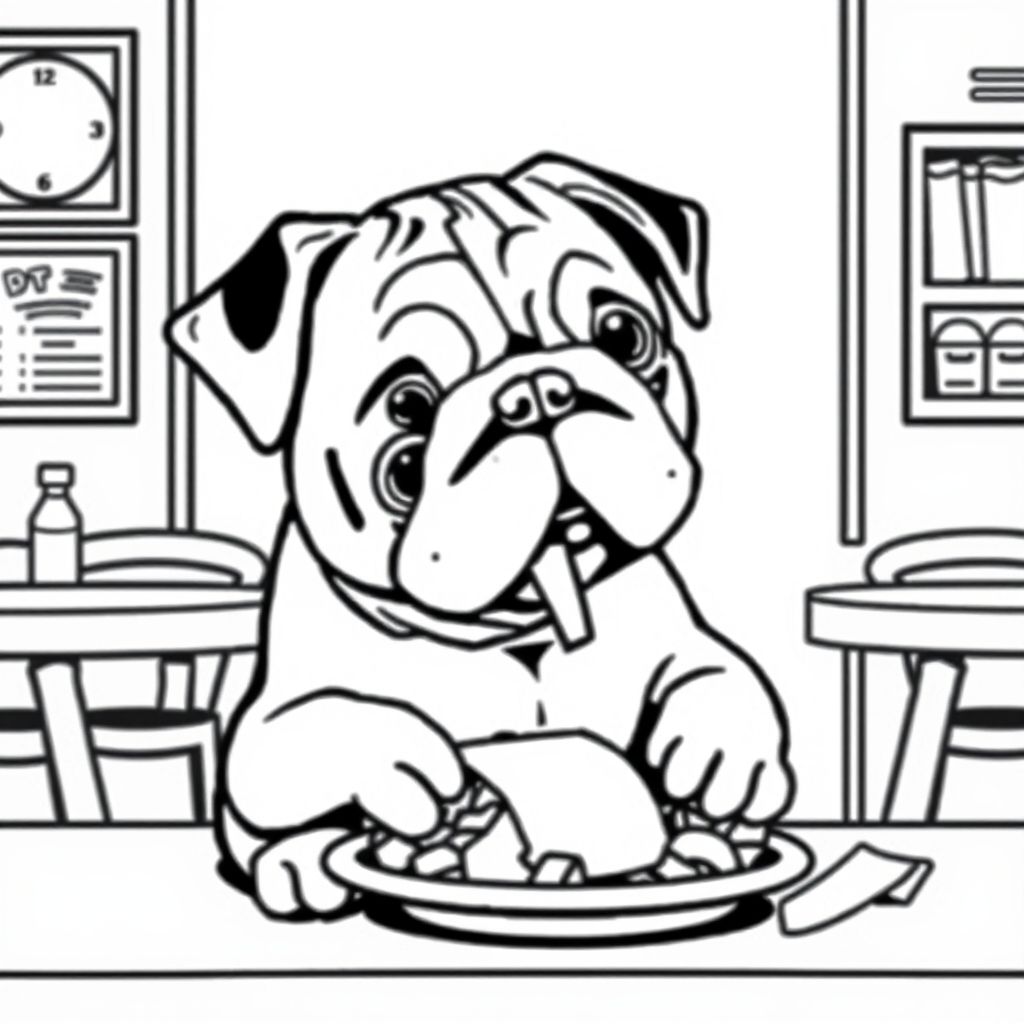 pug puppy eating food in lunchroom
