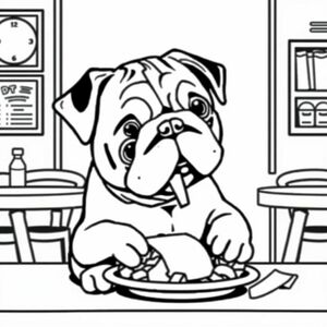 pug puppy eating food in lunchroom