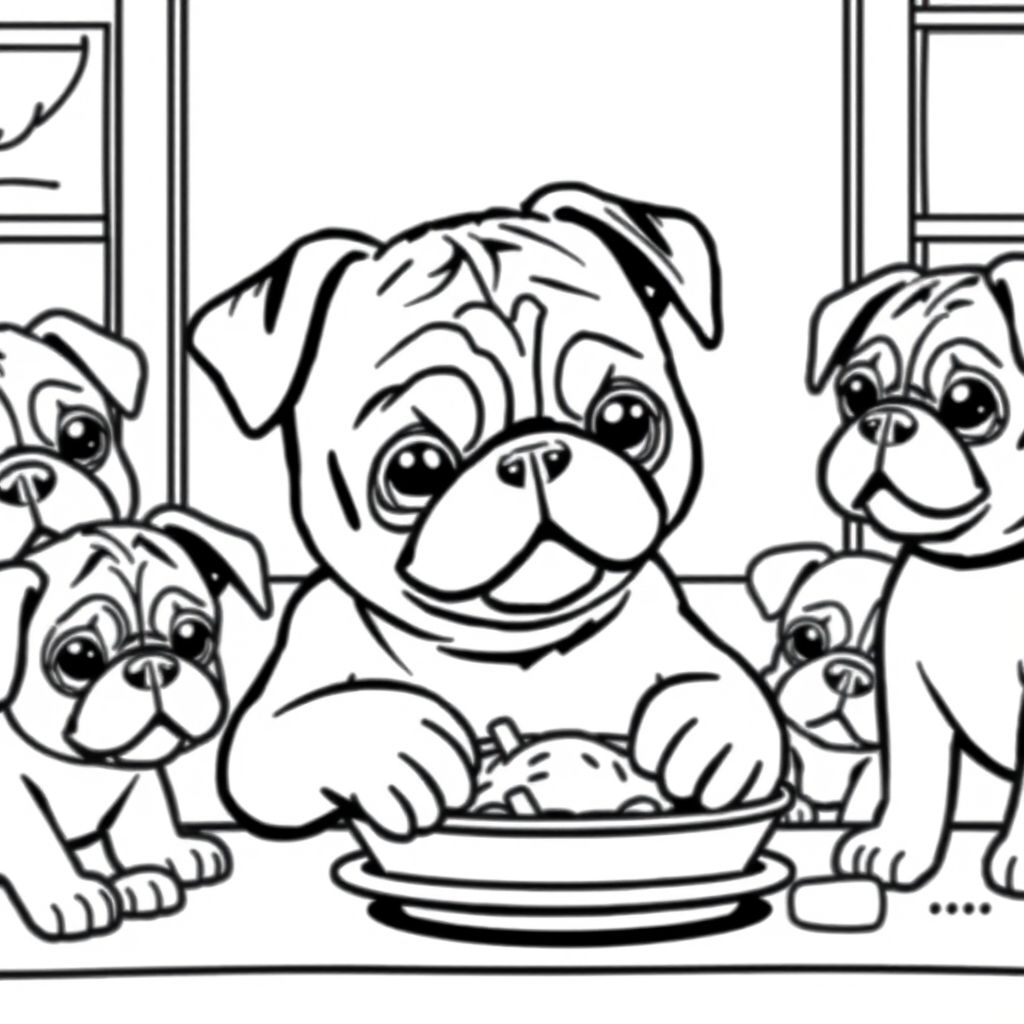 A pug puppy eating lunch in lunchroom with other puppies 