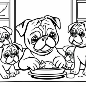 A pug puppy eating lunch in lunchroom with other puppies 