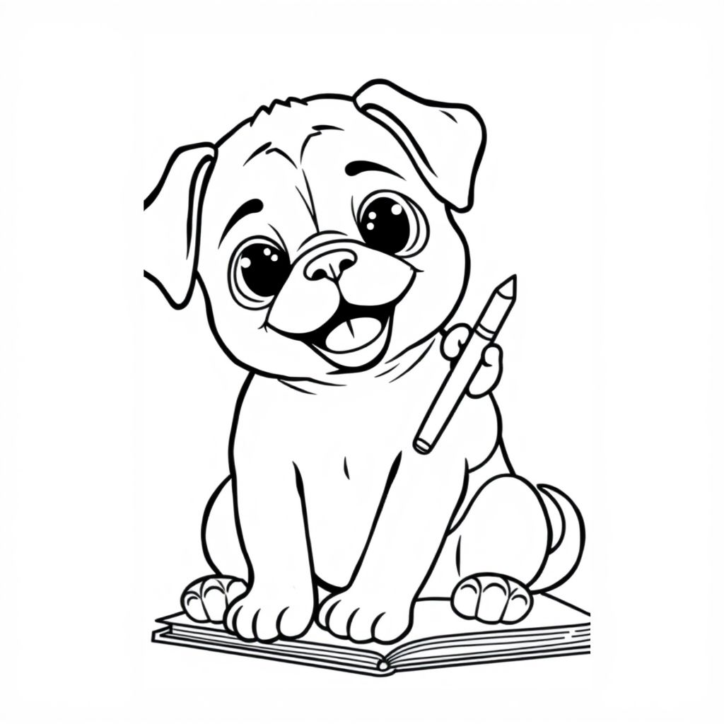 Một chú chó con Pug sử dụng bàn chân của mình để tô màu trong một cuốn sách tô màu 