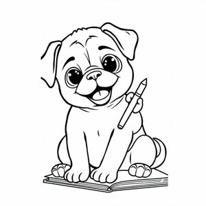 a pug puppy using his paw to color in a coloring book 