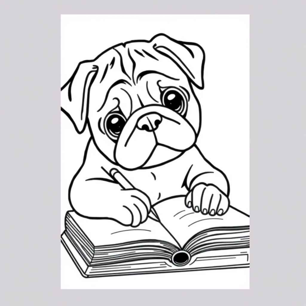 A pug puppy writing in a book 