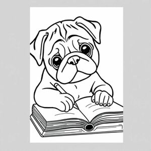 A pug puppy writing in a book 