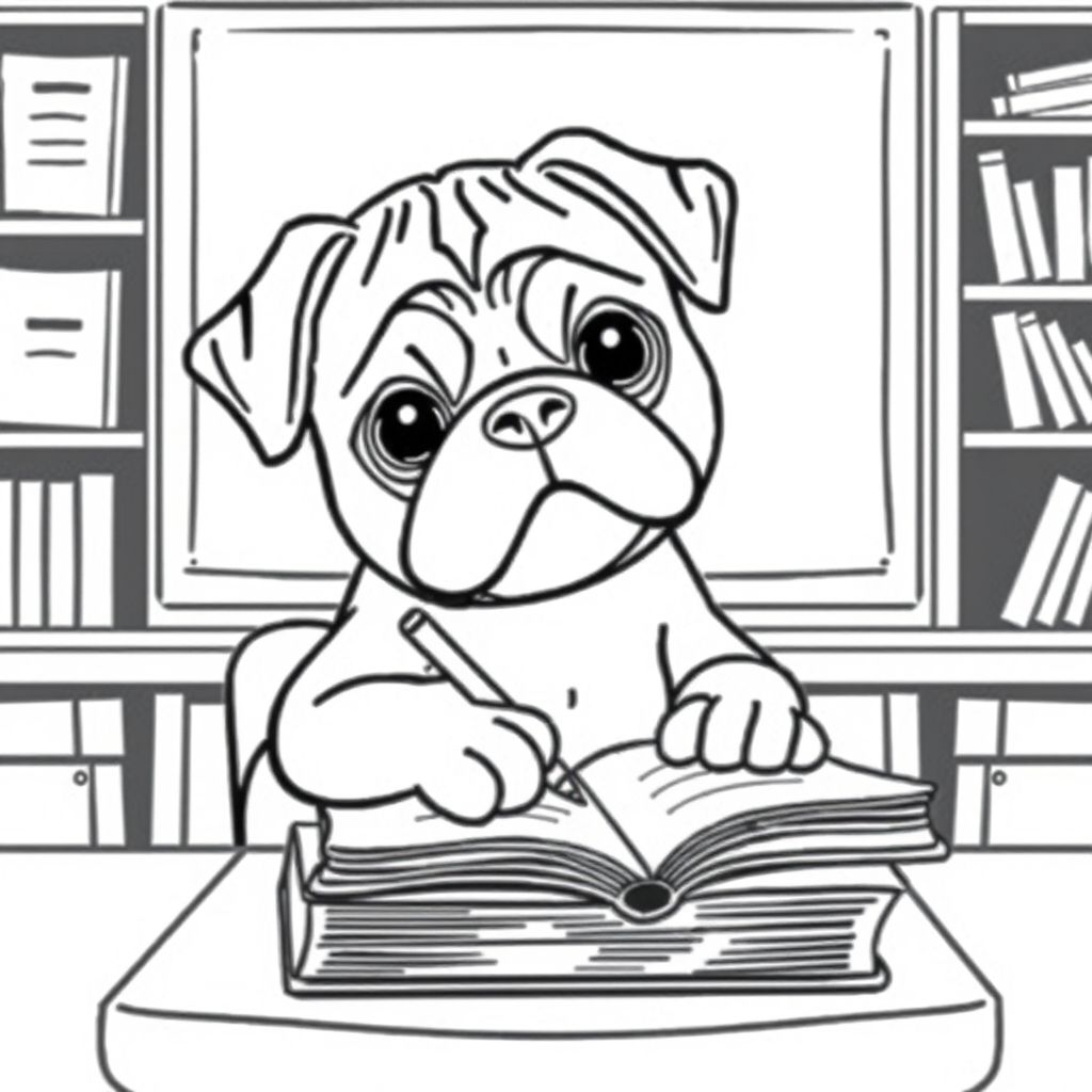 A pug puppy writing in a book, while sitting in a classroom