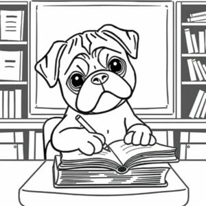 A pug puppy writing in a book, while sitting in a classroom