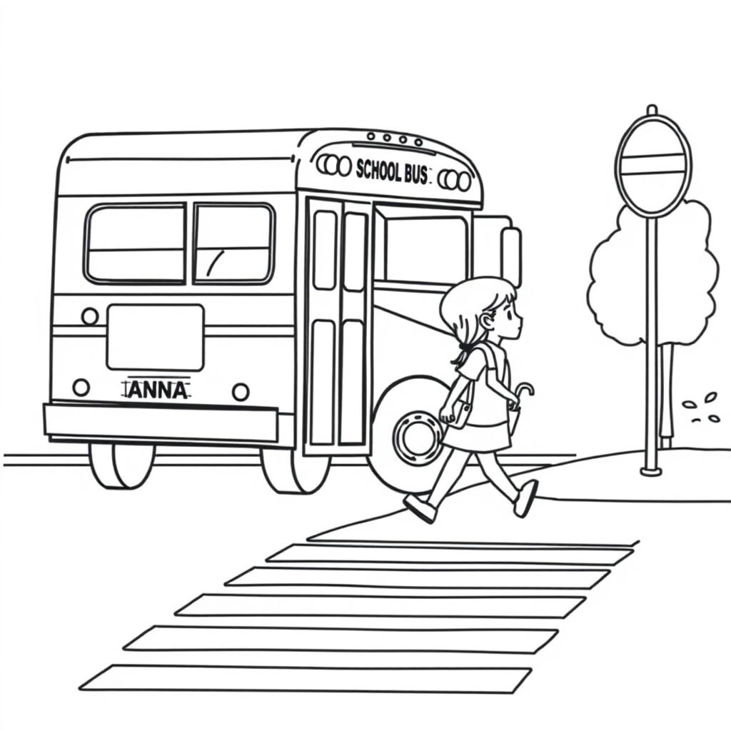 Anna getting off the school bus and walking home. show full picture of school bus on the street with stop sign and cross walk
