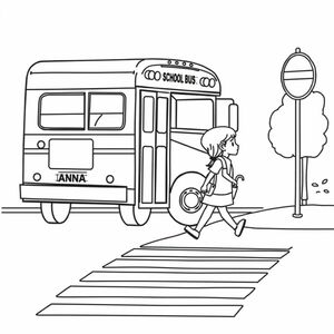 Anna getting off the school bus and walking home. show full picture of school bus on the street with stop sign and cross walk
