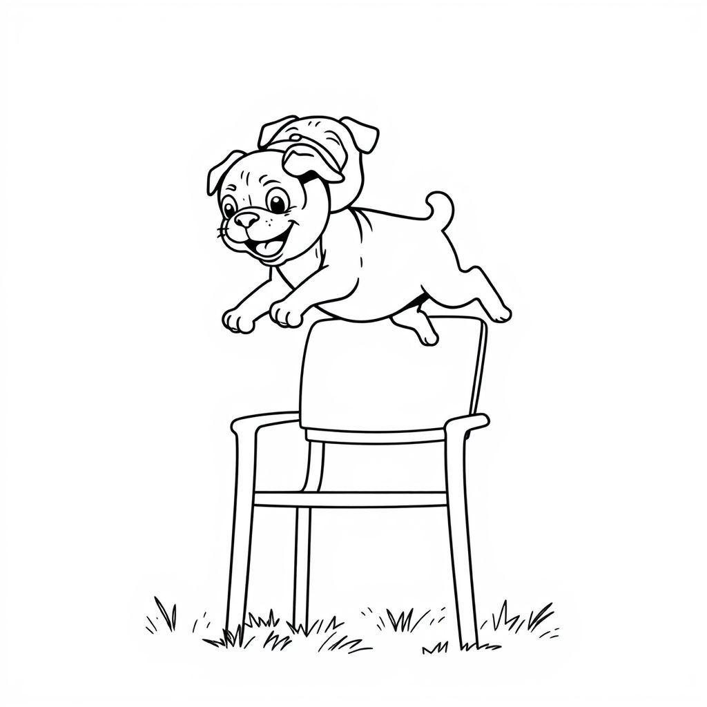 pug puppy jumping in air, outside, over chair 