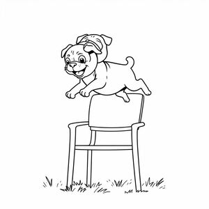 pug puppy jumping in air, outside, over chair 
