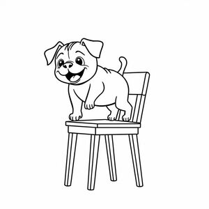 A pug puppy jumping over chair at school