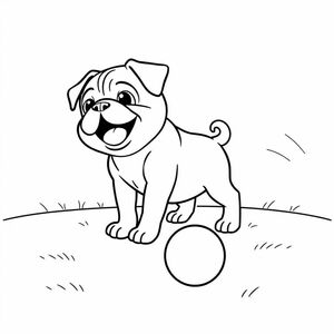 A pug puppy playing with ball in front yard 