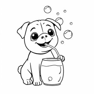 A pug puppy blowing bubbles from a container