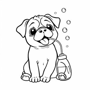 A pug puppy blows bubbles from a bubble container 