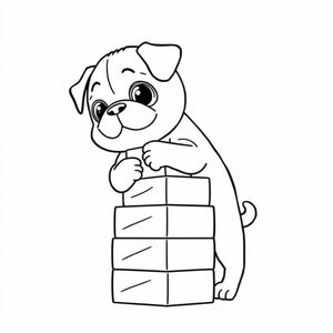 A pug puppy stacking blocks vertically