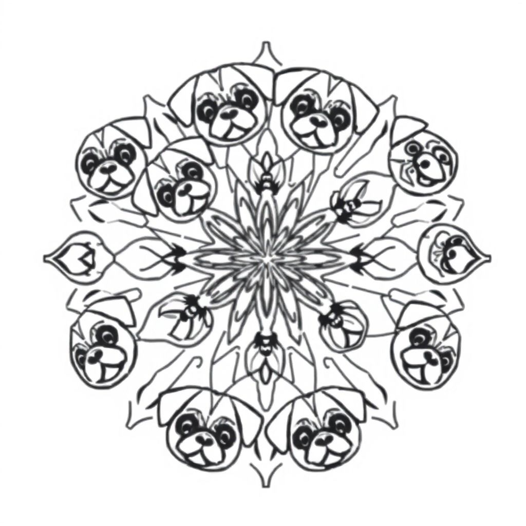 A mandala square with pug puppy faces incorporated within the design 