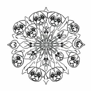 A mandala square with pug puppy faces incorporated within the design 