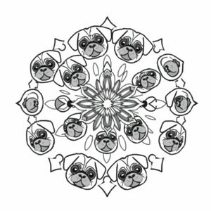 A large, square mandala with pug puppy faces within it 