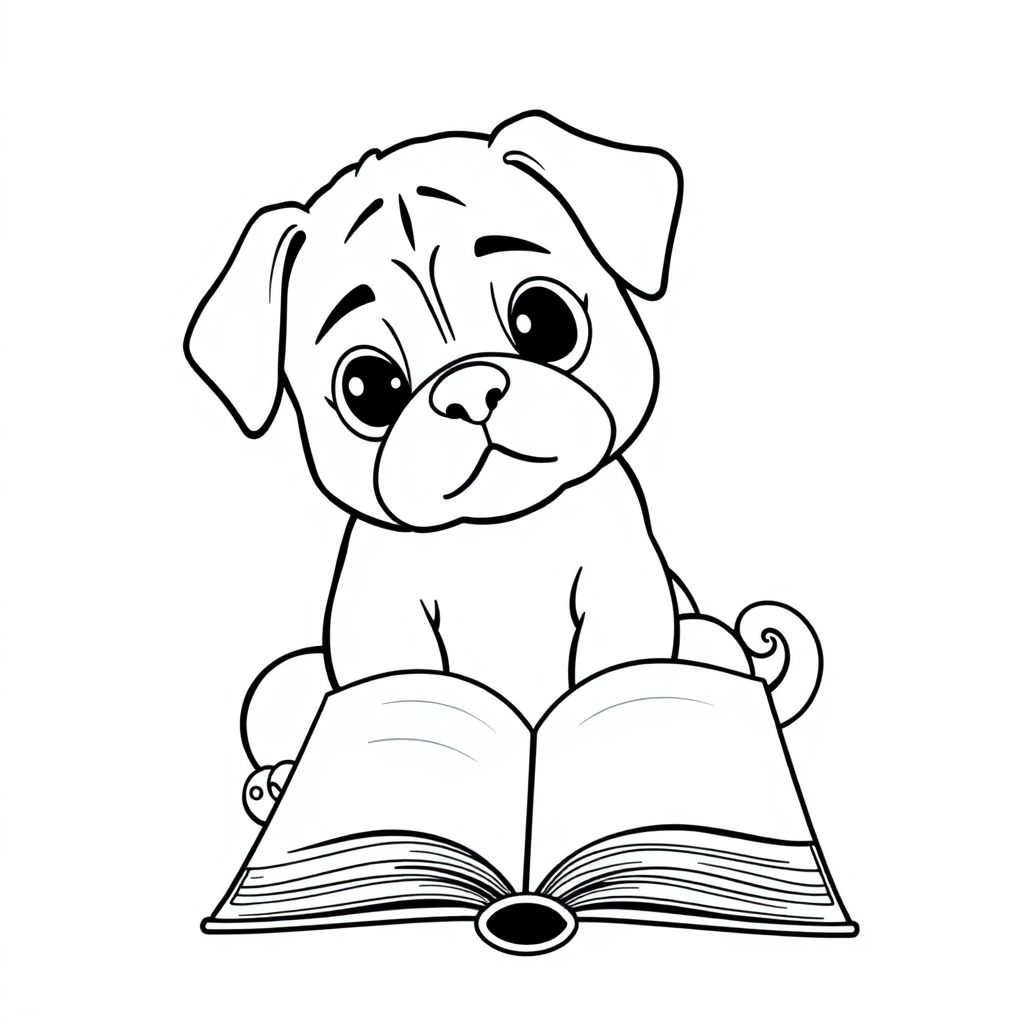 A pug puppy reading a book 