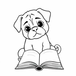 A pug puppy reading a book 