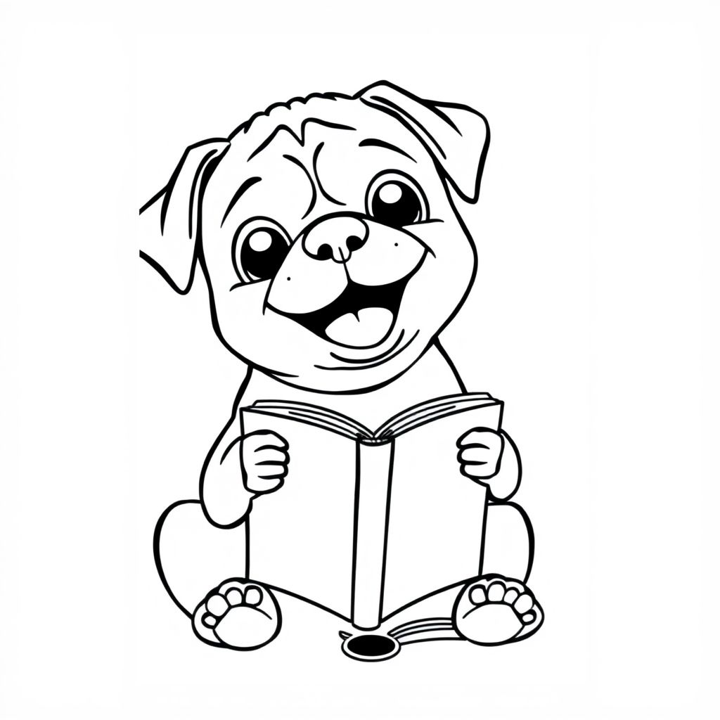 Một chú chó con pug đang đọc sách một cách vui vẻ