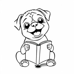 A pug puppy reading a book happily