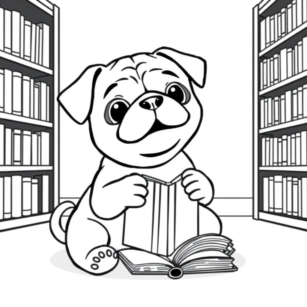 A pug puppy happily rewarding a book in a library