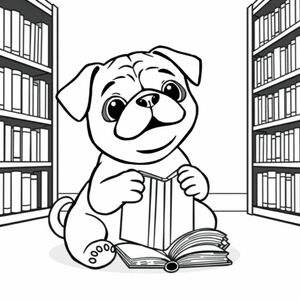 A pug puppy happily rewarding a book in a library