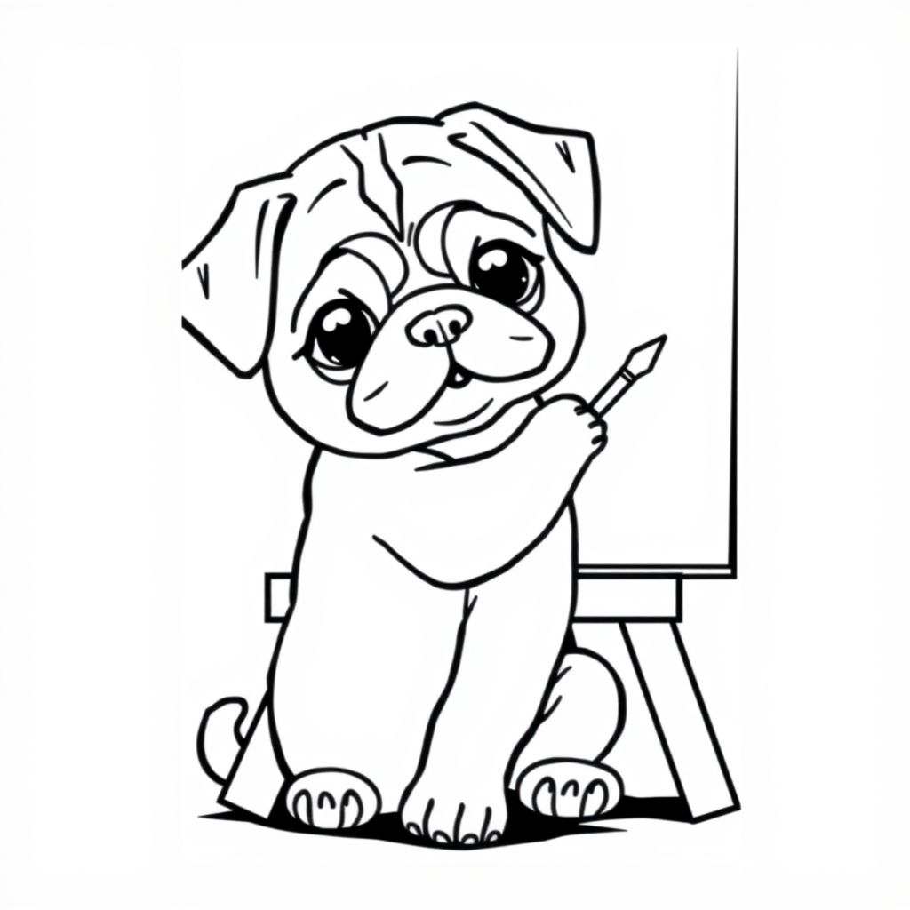 A PUG PUPPY PAINTING a canvas that is sitting on an easel