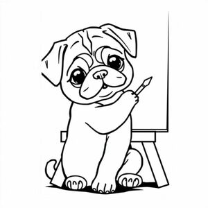 A PUG PUPPY PAINTING a canvas that is sitting on an easel