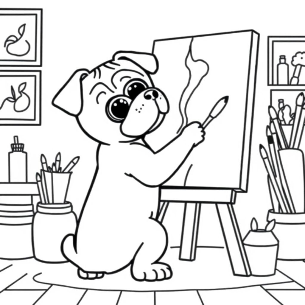 A pug puppy painting a canvas, that is sitting on an easel in an art room