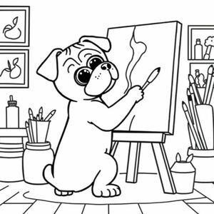 A pug puppy painting a canvas, that is sitting on an easel in an art room