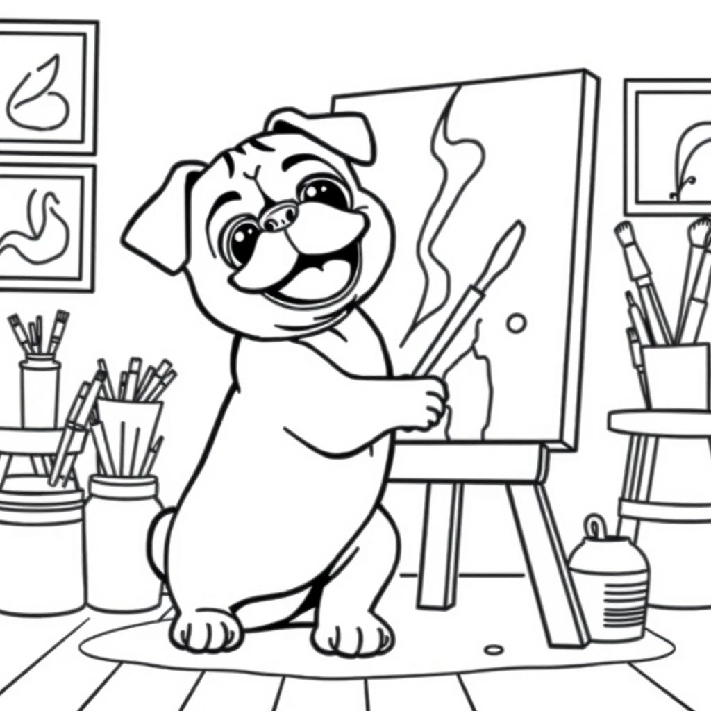 A pug puppy happily painting on a canvas,  that is sitting on an easel, in an art room 