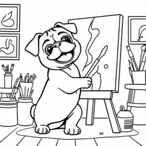 A pug puppy happily painting on a canvas,  that is sitting on an easel, in an art room 