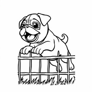 A pug puppy happily jumping a fence 