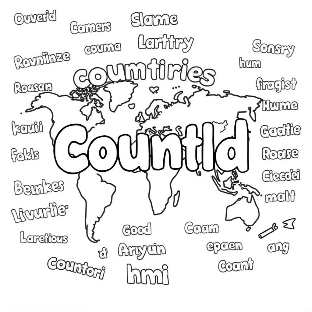 using bubble letters write countries around the world in bubble letters and all around the page different country names using bubble letters