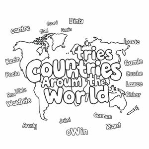 using bubble letters write Countries Around the World in the middle of page and all around write different country names using bubble letters