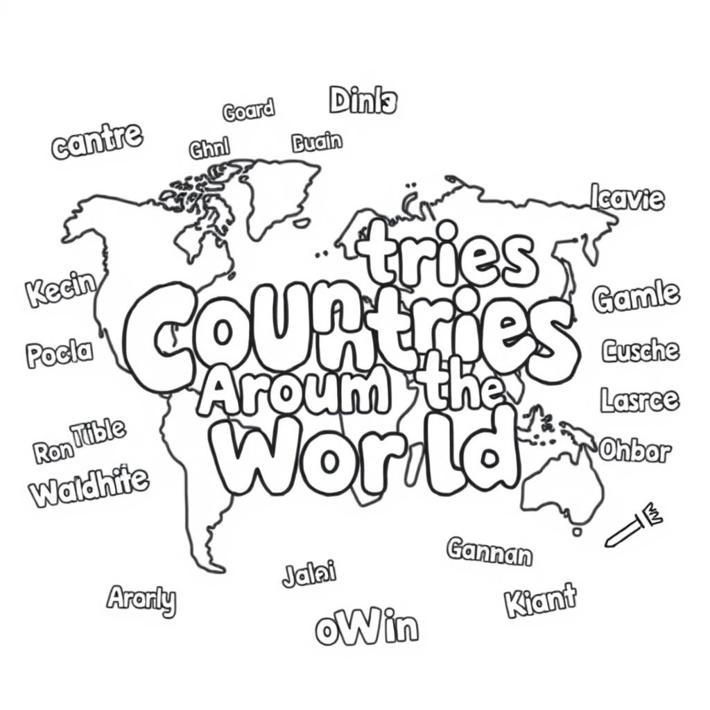 using bubble letters write Countries Around the World in the middle of page and all around write different country names using bubble letters
