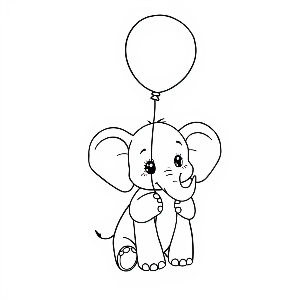 "A cute baby elephant holding a balloon, black and white line art, for children's coloring page"

