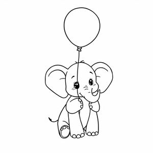 "A cute baby elephant holding a balloon, black and white line art, for children's coloring page"

