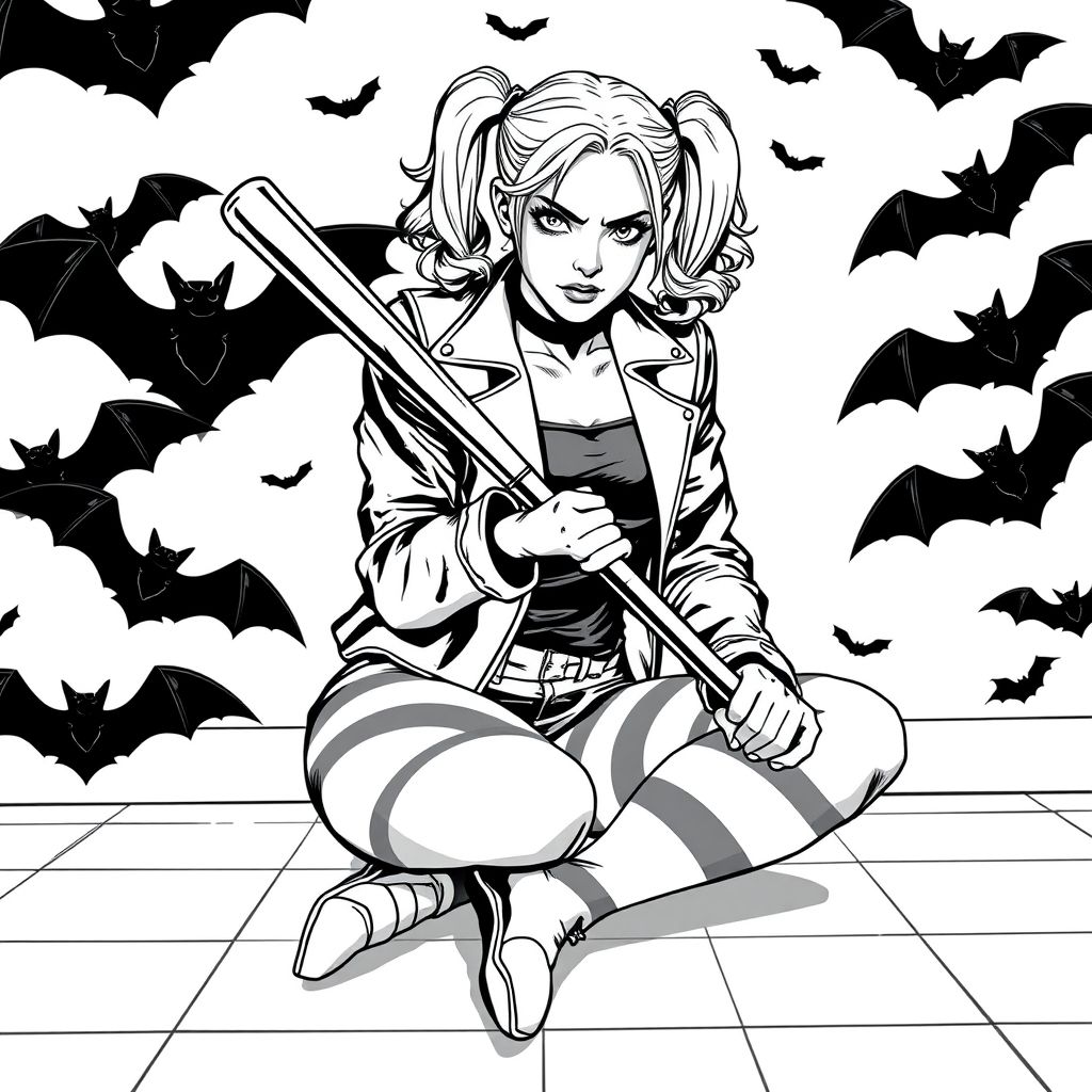 An only black line and white background comic book illustration of Harley Quinn.  A young adult female, Caucasian, is depicted seated on a tiled floor. She's holding a baseball bat.  Harley is wearing a black and white leather-like jacket, black top, and striped stockings.  Her hair is styled in pigtails. She has a serious facial expression.  She is positioned in the center of the image, leaning forward. Her body is angled in a seated pose, looking directly at the viewer.  The composition is dynamic, drawing the eye to Harley's determined stance.  The style is comic book, with detailed line work.  The background features a stylized, bats environment.  The lighting emphasizes Harley's form and the bat, creating dramatic contrasts.  Harley's expression and the pose suggest a scene of conflict or a moment before action.
