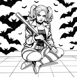An only black line and white background comic book illustration of Harley Quinn.  A young adult female, Caucasian, is depicted seated on a tiled floor. She's holding a baseball bat.  Harley is wearing a black and white leather-like jacket, black top, and striped stockings.  Her hair is styled in pigtails. She has a serious facial expression.  She is positioned in the center of the image, leaning forward. Her body is angled in a seated pose, looking directly at the viewer.  The composition is dynamic, drawing the eye to Harley's determined stance.  The style is comic book, with detailed line work.  The background features a stylized, bats environment.  The lighting emphasizes Harley's form and the bat, creating dramatic contrasts.  Harley's expression and the pose suggest a scene of conflict or a moment before action.
