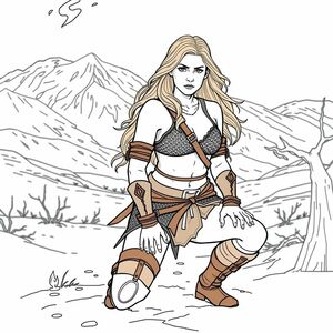 /imagine prompt:coloring pages for adults, A young, Caucasian woman, positioned slightly off-center towards the left of the image, is depicted as a warrior in a fantasy scene. She is of athletic build and has long, flowing auburn hair. Her expression is serious and focused. She wears a chainmail bikini top and matching chainmail skirt, along with brown leather arm guards, leg bands, and a belt. She is holding a torch that is on fire in her right hand, her posture is crouched slightly. The environment features a snowy landscape with a backdrop of distant snow-capped mountains. The lighting is dramatic, highlighting the woman's musculature and the details of her costume. The colors are a mix of cool grays and beiges, with warm accents from the flames. The composition and perspective are designed to showcase the character's strength and presence. The image evokes a sense of epic fantasy and adventure., in the style of manga, Bold Lines, High Detail, Doodles background, Black and white, No Shading, --ar 9:16