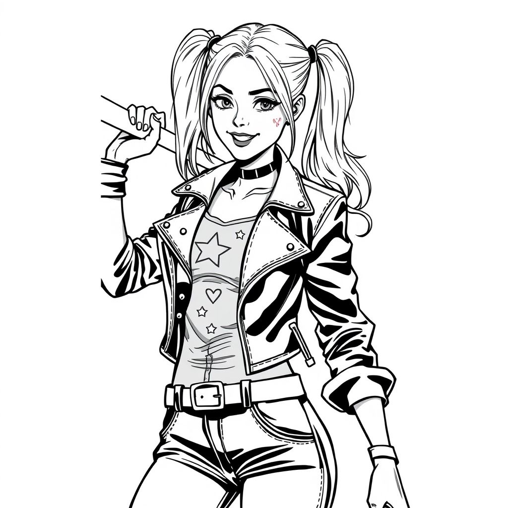 /imagine prompt:coloring pages for adults, Một phụ nữ trẻ, có thể là người da trắng, được mô tả trong một bản phác thảo bút chì theo phong cách truyện tranh. Cô được miêu tả là Harley Quinn, với mái tóc vàng dài được tạo kiểu bím tóc. Biểu cảm của cô ấy vui tươi và hơi tinh nghịch, với một nụ cười có thể nhìn thấy và một dấu hình trái tim trên má. Cô ấy mặc một chiếc áo khoác da màu đen, hở phía trước, để lộ một phần phần thân trên. Áo khoác có hoa văn ngôi sao và kim cương. Cô cũng mặc quần tối màu với thắt lưng đính đềm. Cô ấy đang cầm một cây gậy bóng chày trong tay phải. Bố cục là năng động, với đối tượng được đặt từ phía dưới bên trái và nghiêng về phía người xem. Tư thế của cô ấy cho thấy cô ấy đã sẵn sàng hành động. Ánh sáng và bóng râm được sử dụng để tạo cảm giác khối lượng và hình thức. Nền là một tờ giấy trắng trơn. Phong cách chi tiết và phức tạp, đặc trưng của hình minh họa truyện tranh. Bầu không khí tổng thể tràn đầy năng lượng và táo bạo. Trọng tâm là các đặc điểm trên khuôn mặt và hành động cầm gậy. Đổ bóng chi tiết và đường nét của bản phác thảo rất nổi bật., theo phong cách Blocky, Đường lượn sóng, Chi tiết thấp, Nền hình học, Đen trắng, Không đổ bóng, --ar 9:16