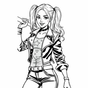 /imagine prompt:coloring pages for adults, A young woman, likely Caucasian, is depicted in a comic book style pencil sketch. She is portrayed as Harley Quinn, with long blonde hair styled in pigtails. Her expression is playful and slightly mischievous, with a visible smile and a heart-shaped mark on her cheek. She is wearing a black leather jacket, open at the front, revealing a portion of her upper body. The jacket has a star and diamond pattern. She also wears dark-colored pants with a studded belt. She is holding a baseball bat in her right hand. The composition is dynamic, with the subject positioned from the lower left, and angled towards the viewer. Her pose suggests she is ready for action. The lighting and shading are used to create a sense of volume and form. The background is a plain white paper. The style is detailed and intricate, typical of comic book illustrations. The overall atmosphere is energetic and bold. Focus is on the facial features and the action of holding the bat. The detailed shading and line work of the sketch are prominent., in the style of Blocky, Wavy Lines, Low Detail, Geometric background, Black and white, No Shading, --ar 9:16