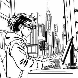 A profile view of a curious teenage hacker with neon-colored hair, wearing a glowing cyber-jacket, typing on a holographic keyboard in a futuristic neon-lit city, in a cyberpunk anime style.

